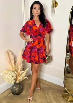 AX Paris Orange Abstract Print Wrap Top Skater Mini Dress