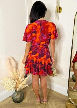 AX Paris Orange Abstract Print Wrap Top Skater Mini Dress