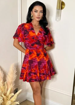 AX Paris Orange Abstract Print Wrap Top Skater Mini Dress