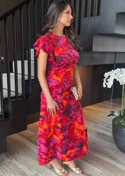 AX Paris Orange Abstract Print Flutter Sleeve Midi Dress