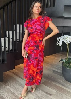 AX Paris Orange Abstract Print Flutter Sleeve Midi Dress