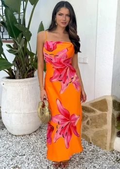 AX Paris Orange And Pink Floral Print Strappy Slip Midi Dress