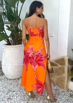 AX Paris Orange And Pink Floral Print Strappy Slip Midi Dress