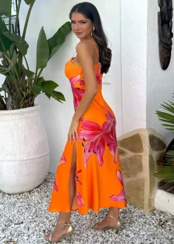 AX Paris Orange And Pink Floral Print Strappy Slip Midi Dress