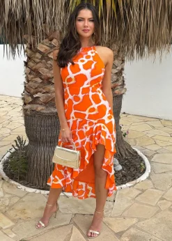 AX Paris Orange Giraffe Print Racer Neck High Low Frill Hem Midi Dress