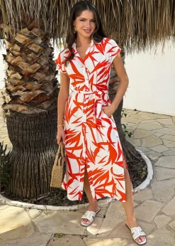 AX Paris Orange Tropical Print Tie Waist Shirt Midi Dress