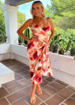 AX Paris Peach Smudge Print Strappy Wrap Top Knot Skirt Midi Dress