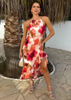 AX Paris Peach Smudge Print Racer Neck High Low Frill Hem Midi Dress