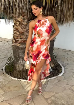 AX Paris Peach Smudge Print Racer Neck High Low Frill Hem Midi Dress