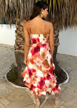 AX Paris Peach Smudge Print Racer Neck High Low Frill Hem Midi Dress