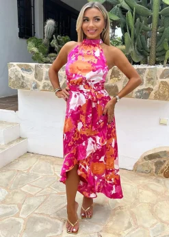 AX Paris Pink Abstract Printed Halterneck Tie Waist Dipped Hem Midi Dress