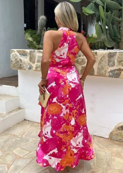 AX Paris Pink Abstract Printed Halterneck Tie Waist Dipped Hem Midi Dress