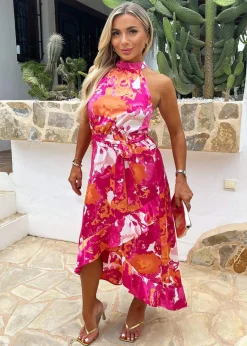 AX Paris Pink Abstract Printed Halterneck Tie Waist Dipped Hem Midi Dress