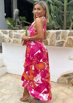 AX Paris Pink Abstract Printed Halterneck Tie Waist Dipped Hem Midi Dress