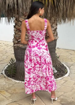 AX Paris Pink Floral Print Shirred Straps Tiered Midi Dress