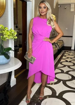 AX Paris Pink Gathered Midi Dress With Shoulder Pads