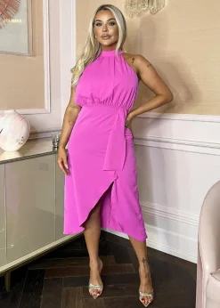 AX Paris Pink Halter Neck Dipped Hem Midi Dress