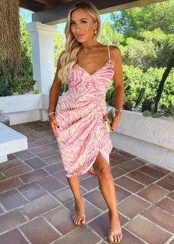 AX Paris Pink Zebra Print Strappy Wrap Top Gathered Skirt Midi Dress