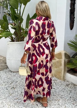 AX Paris Purple Animal Print 3/4 Sleeve Shirt Midi Dress