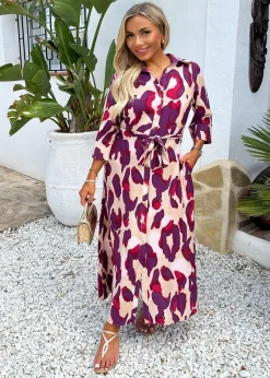 AX Paris Purple Animal Print 3/4 Sleeve Shirt Midi Dress