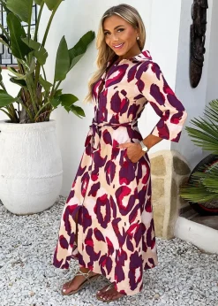 AX Paris Purple Animal Print 3/4 Sleeve Shirt Midi Dress