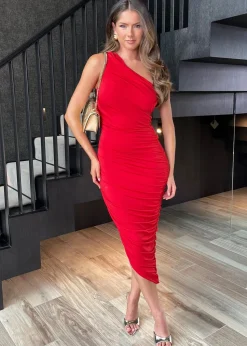 AX Paris Red One Shoulder Asymmetric Hem Ruched Midi Dress