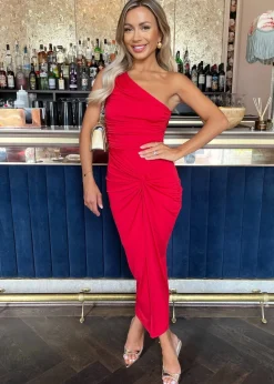 AX Paris Red One Shoulder Knot Skirt Midi Dress