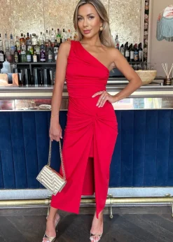 AX Paris Red One Shoulder Knot Skirt Midi Dress