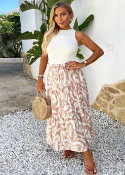 AX Paris Stone And Cream Abstract Print 2 In 1 Smock Midi Dress