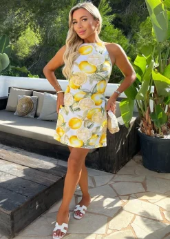 AX Paris Yellow Lemon Print Racer Neck Slip Mini Dress