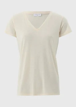 Beige Linen Blend V-Neck T-Shirt