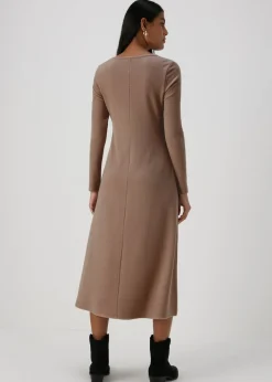 Beige Ribbed Scoop Neck Midi Dress