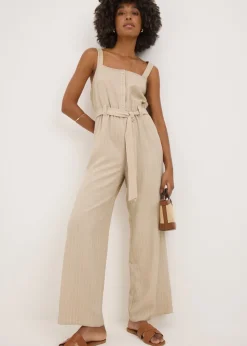 Beige Stripe Button Front Jumpsuit