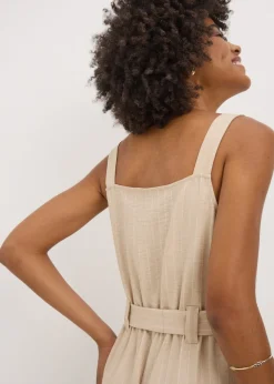 Beige Stripe Button Front Jumpsuit