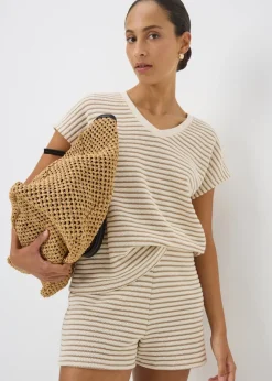 Beige Stripe Textured Co Ord Shorts