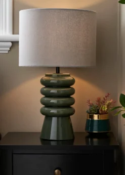 BHS Fava Ribbed Glass Table Lamp Green (45cm x 27cm)