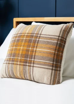 BHS Luxury Warm Ochre Check Cushion with Faux-Shearling (40x40cm)