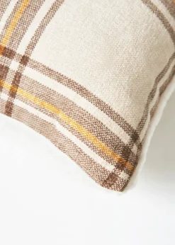 BHS Luxury Warm Ochre Check Cushion with Faux-Shearling (40x40cm)