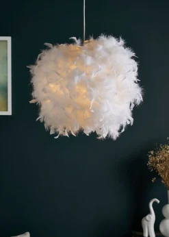 BHS White Plume Feather Ball Pendant Light (112cm x 40cm x 40cm)
