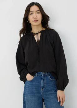 Black Boho Tie Neck Blouse