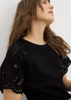 Black Broderie Raglan Sleeve T-Shirt