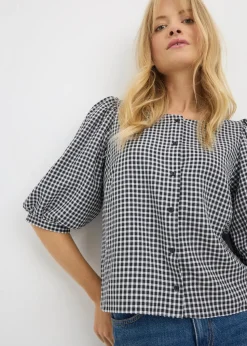 Black Check Button Gingham Blouse