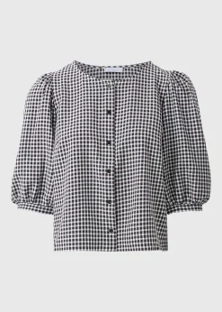 Black Check Button Gingham Blouse