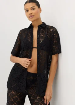 Black Crochet Shirt Top