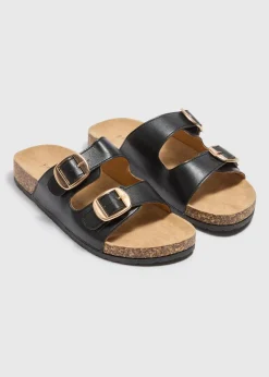 Black Double Buckle Footbed Sandals