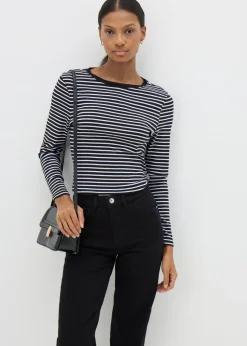 Black Fitted Long Sleeve Stripe Top