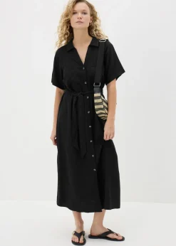 Black Linen Blend Midi Shirt Dress