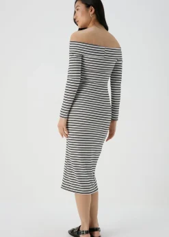 Black Mono Ribbed Bardot Dress