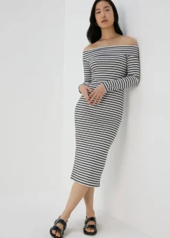 Black Mono Ribbed Bardot Dress