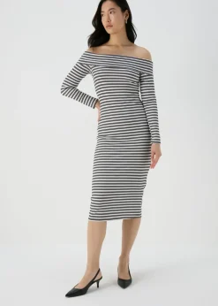 Black Mono Ribbed Bardot Dress